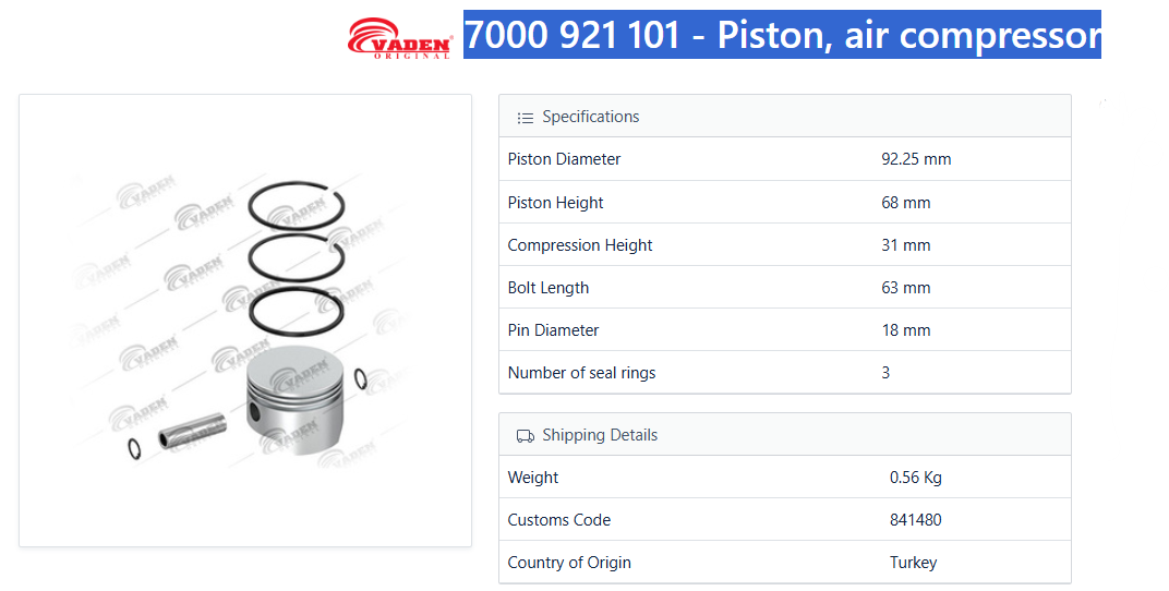 رینگ و پیستون پمپ باد fh500 92mm تعمیر اول 0.25 یا 10 برند وادن 921101